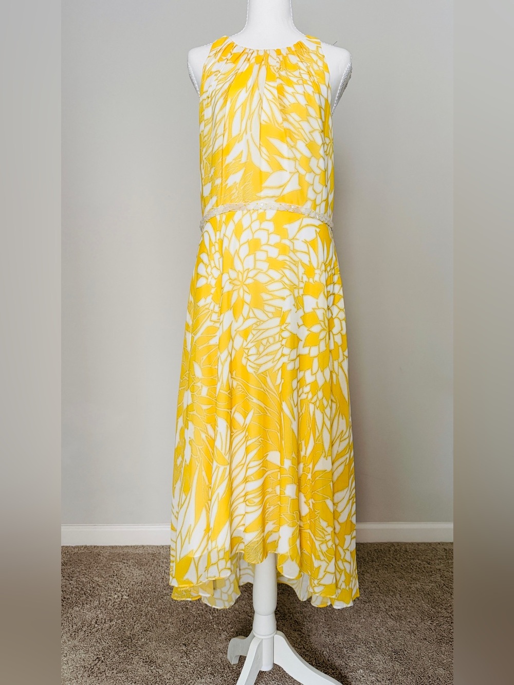 Badgley Mischka Yellow Floral Halter Midi Dress